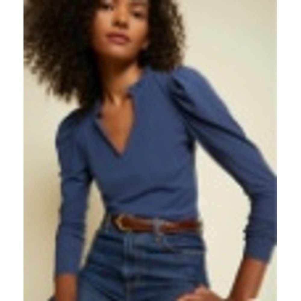 Nation LTD Tamira Ruffle V-Neck Puff Sleeve Pima Cotton Tee Blue Small 1262RS